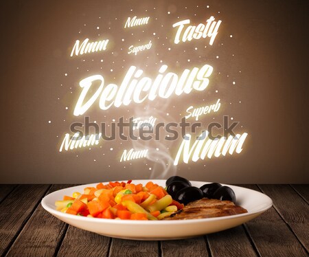 Stock photo: Food plate with delicious and tasty glowing writings