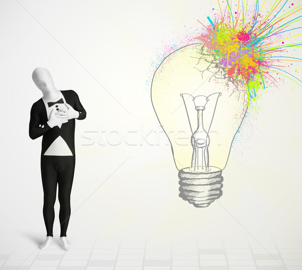 3d human character is body suit morphsuit looking at abstract colorful lightbulb Stock photo © ra2studio