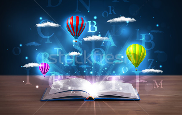 Stock foto: Offenes · Buch · glühend · Phantasie · abstrakten · Wolken · Ballons