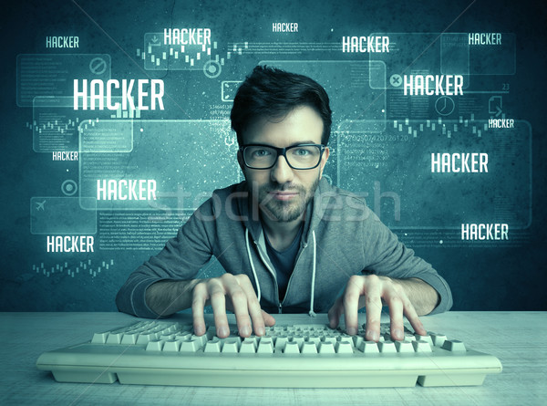 Hacker with keyboard and glasses Stock photo © ra2studio