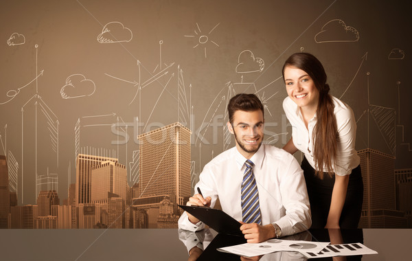 業務 情侶 建築物 坐在 黑色 表 商業照片 © ra2studio