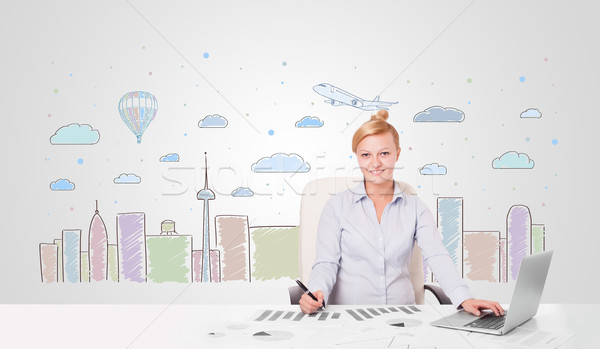 Pretty businesswoman with colorful city sky-scape background Stock photo © ra2studio