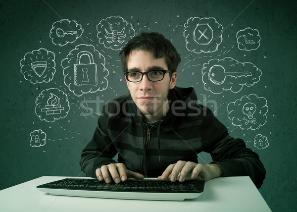 Fiatal stréber hacker vírus hackelés gondolatok Stock fotó © ra2studio