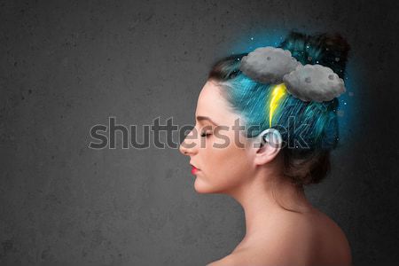 Jong meisje onweersbui bliksem hoofdpijn illustratie business Stockfoto © ra2studio