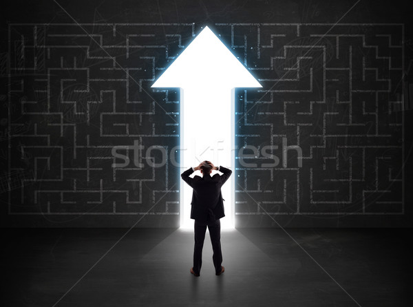 Business person looking at maze with solution arrow on the wall Stock photo © ra2studio