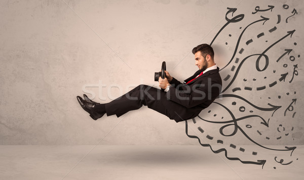 Funny man driving a flying vehicle with hand drawn lines after h Stock photo © ra2studio