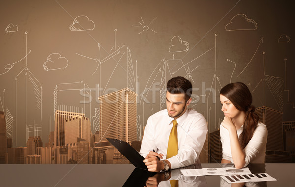 Foto stock: Negocios · Pareja · edificios · sesión · negro · mesa