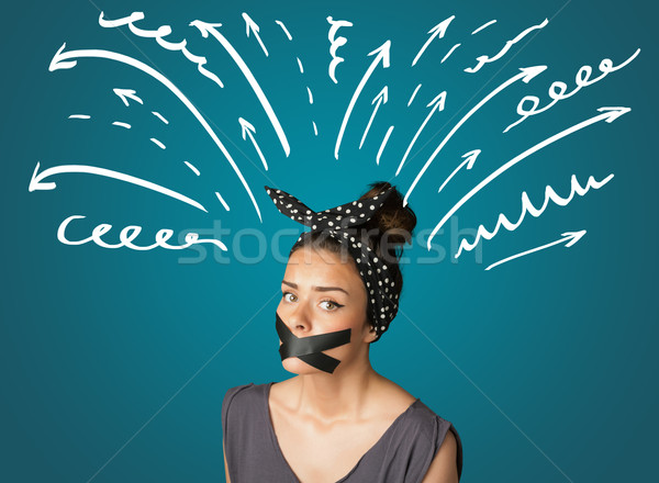 Fiatal nő száj fehér rajzolt vonalak nyilak Stock fotó © ra2studio