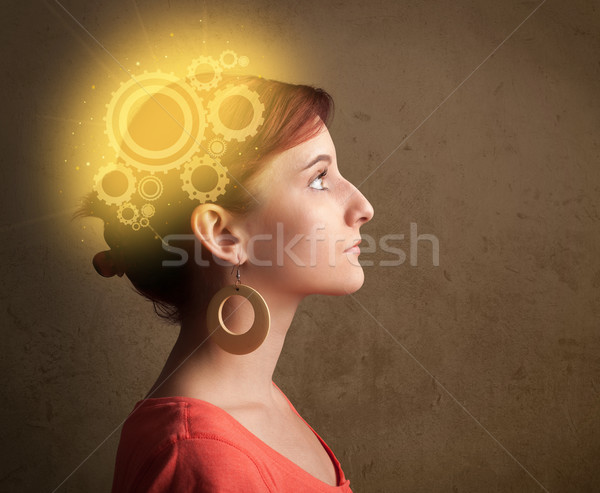 Clever girl thinking with a machine head illustration Stock photo © ra2studio