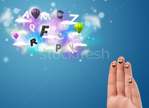 Happy cheerful smiley fingers looking at colorful magical clouds and balloons illustration Stock photo © ra2studio