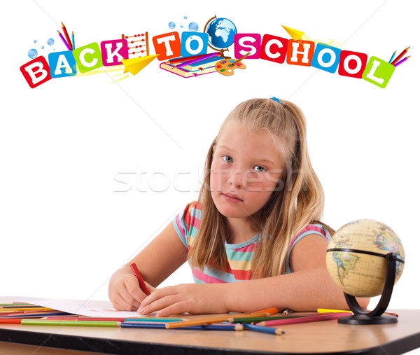 Mädchen Zurück in die Schule isoliert weiß Bleistifte Familie Stock foto © ra2studio