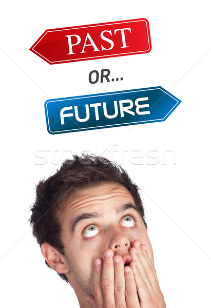 Young head looking at positive negative signs Stock photo © ra2studio