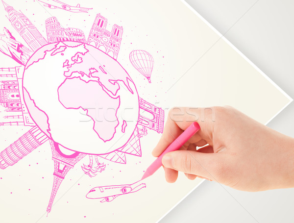 Hand drawing vacation trip around the globe with landmarks and major cities  Stock photo © ra2studio