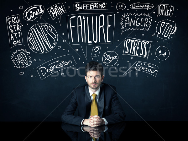 Depressed businessman sitting under trouble thought boxes Stock photo © ra2studio