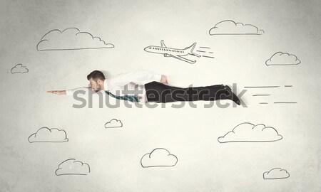 Cheerful business person flying between hand drawn sky clouds Stock photo © ra2studio