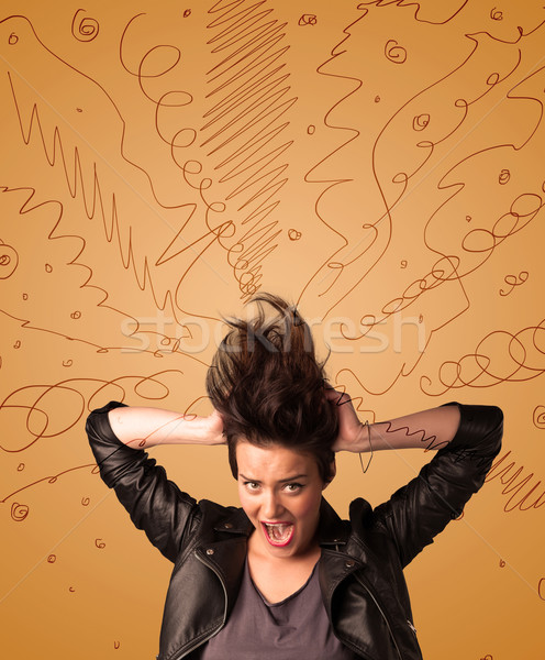 Excited young woman with extreme hairtsyle and hand drawn lines Stock photo © ra2studio