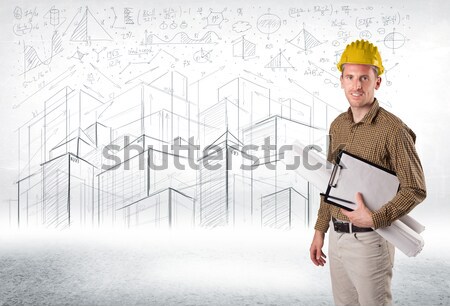 Construction worker planing with 3d buildings in background  Stock photo © ra2studio