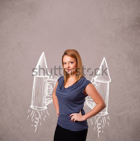 Foto stock: Bonitinho · menina · jato · empacotar · foguete · desenho