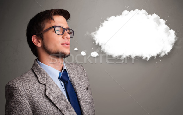 Fiatalember gondolkodik felhő beszéd gondolatbuborék copy space Stock fotó © ra2studio
