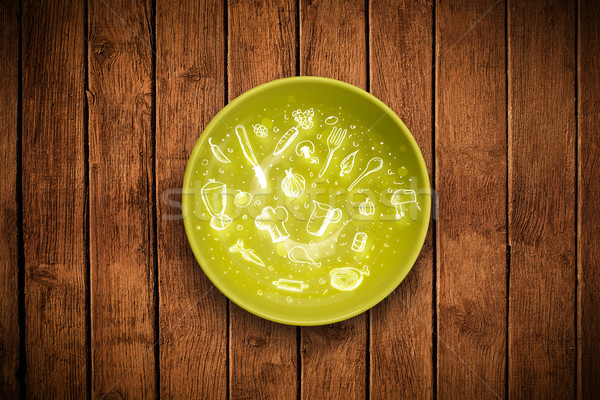 Colorful plate with hand drawn icons, symbols, vegetables and fruits on grungy background Stock photo © ra2studio