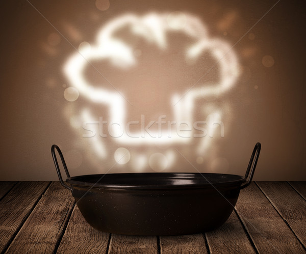 Szakács sapka fölött lábas ki fa asztal étterem Stock fotó © ra2studio