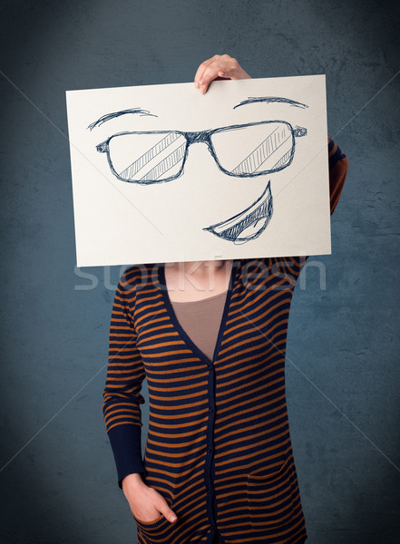 Foto stock: Mulher · papel · rosto · sorridente · cabeça · mulher · jovem