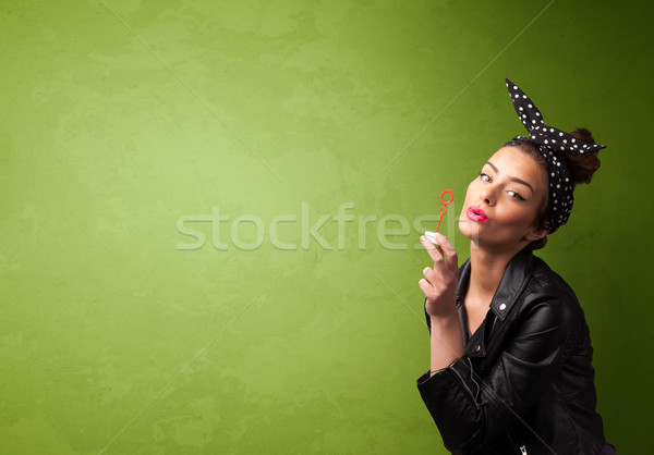 красивая женщина мыльный пузырь копия пространства зеленый женщину Сток-фото © ra2studio