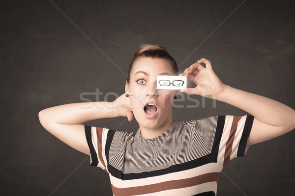 Boldog lány néz kézzel rajzolt papír szem szemüveg Stock fotó © ra2studio