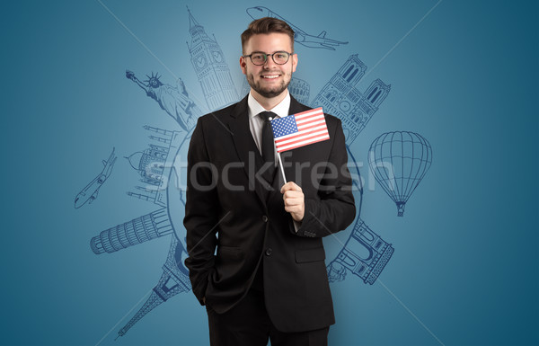 Elegante man sightseeing vlag hand business Stockfoto © ra2studio