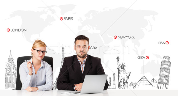 Young businessman and businesswoman with world map and major landmarks of the world Stock photo © ra2studio