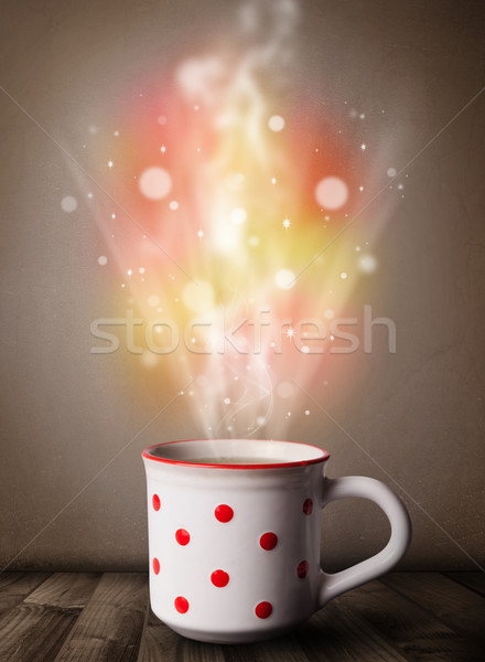 Foto stock: Taza · de · café · resumen · vapor · colorido · luces