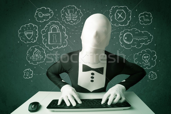 Hacker in mask morphsuit with virus and hacking thoughts Stock photo © ra2studio
