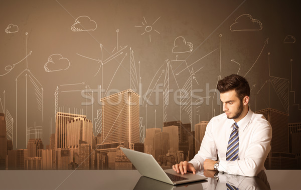 üzletember épületek ül fekete asztal mosoly Stock fotó © ra2studio