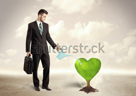 Business man watering heart shaped green tree Stock photo © ra2studio