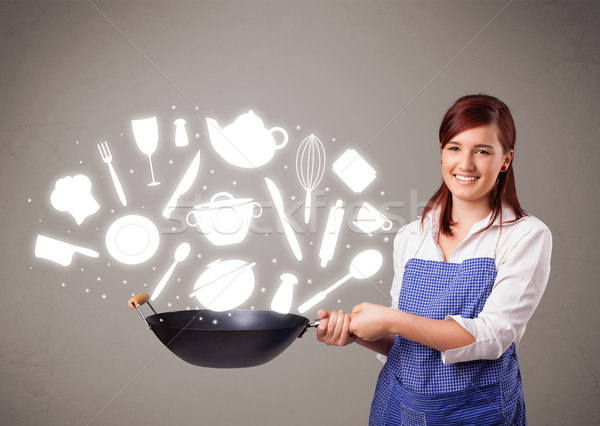 Stockfoto: Jonge · vrouw · keuken · iconen · mooie · jonge