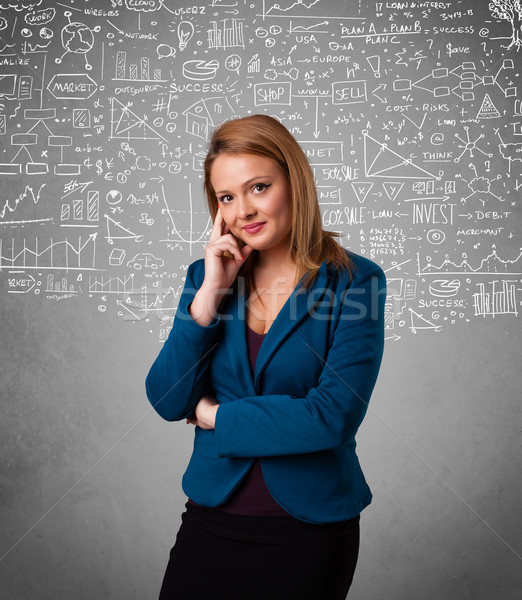 Young pretty lady with hand drawn calculations and icons Stock photo © ra2studio