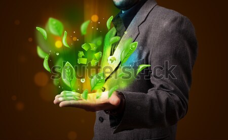 Stock photo: Young woman presenting eco green leaf recycle energy concept