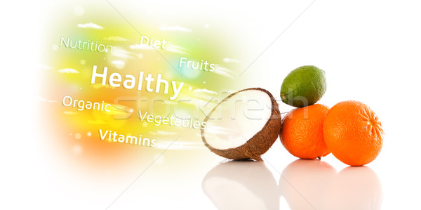 Colorful juicy fruits with healthy text and signs  Stock photo © ra2studio