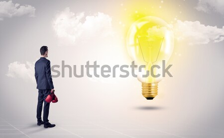 Businesswoman on rock mountain with idea bulb Stock photo © ra2studio