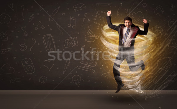 Fericit om de afaceri jumping tornadă maro afaceri Imagine de stoc © ra2studio
