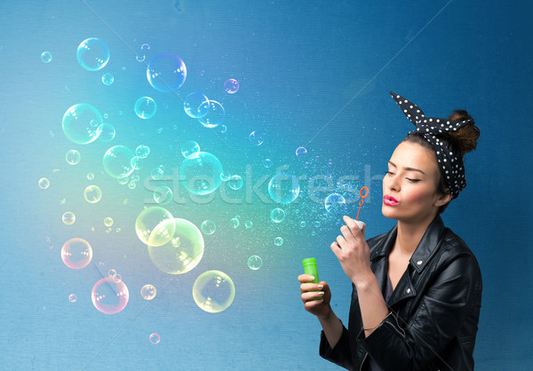 Mooie dame kleurrijk bubbels Blauw Stockfoto © ra2studio