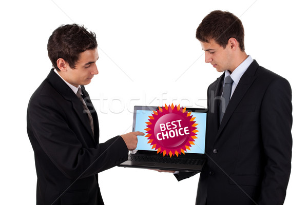 Business man pointing at a colorful sale label 4 Stock photo © ra2studio