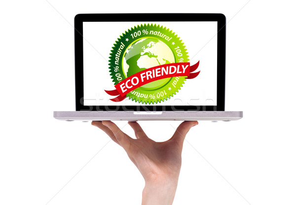 Férfi kéz tart környezetbarát laptop izolált Stock fotó © ra2studio