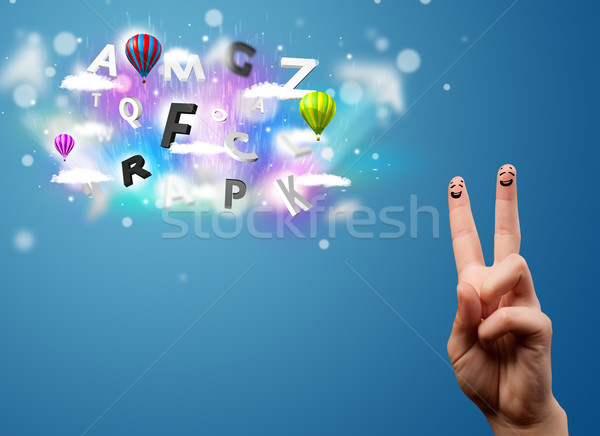 Happy cheerful smiley fingers looking at colorful magical clouds and balloons illustration Stock photo © ra2studio