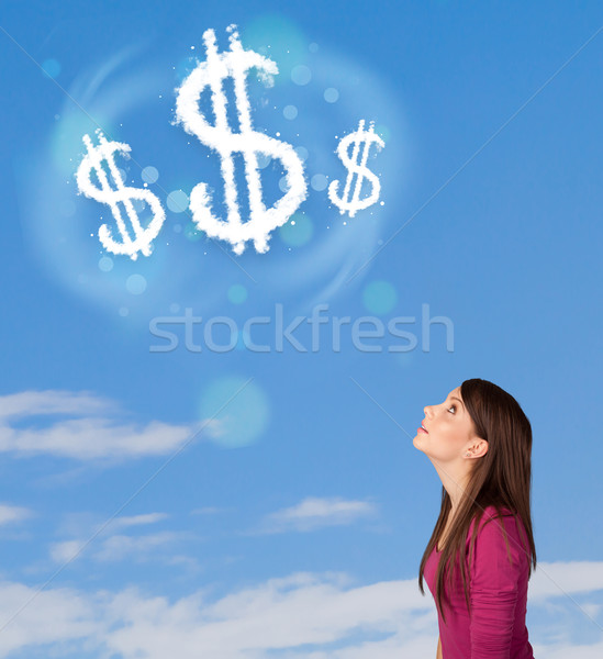 Fiatal lány mutat dollárjel felhők kék ég üzlet Stock fotó © ra2studio