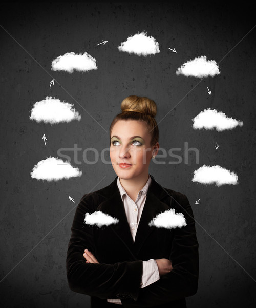 Stock photo: Young woman thinking with cloud circulation around her head