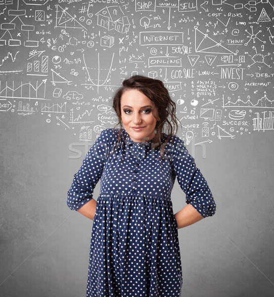 Young pretty lady with hand drawn calculations and icons Stock photo © ra2studio