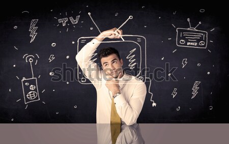 Happy businessman drawing tv and radio Stock photo © ra2studio