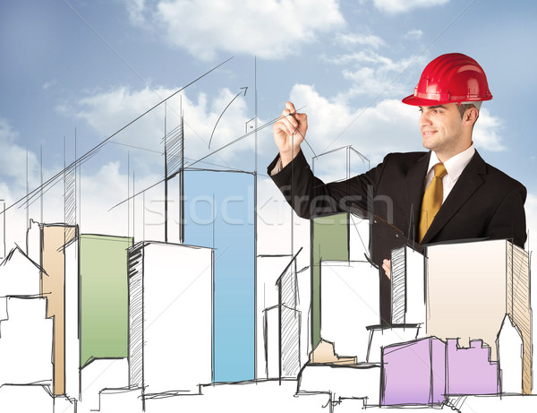 Stock foto: Bauarbeiter · Planung · Stadt · Sehenswürdigkeit · jungen · rot