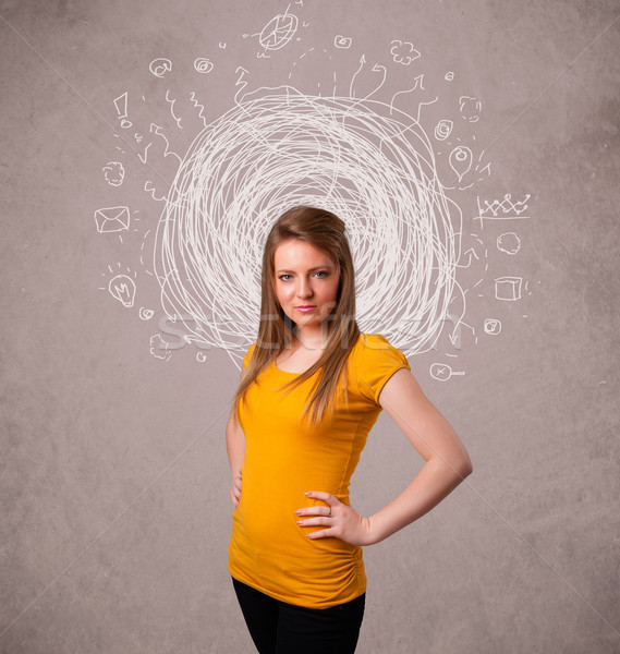 Pretty young girl with abstract circular doodle lines and icons Stock photo © ra2studio